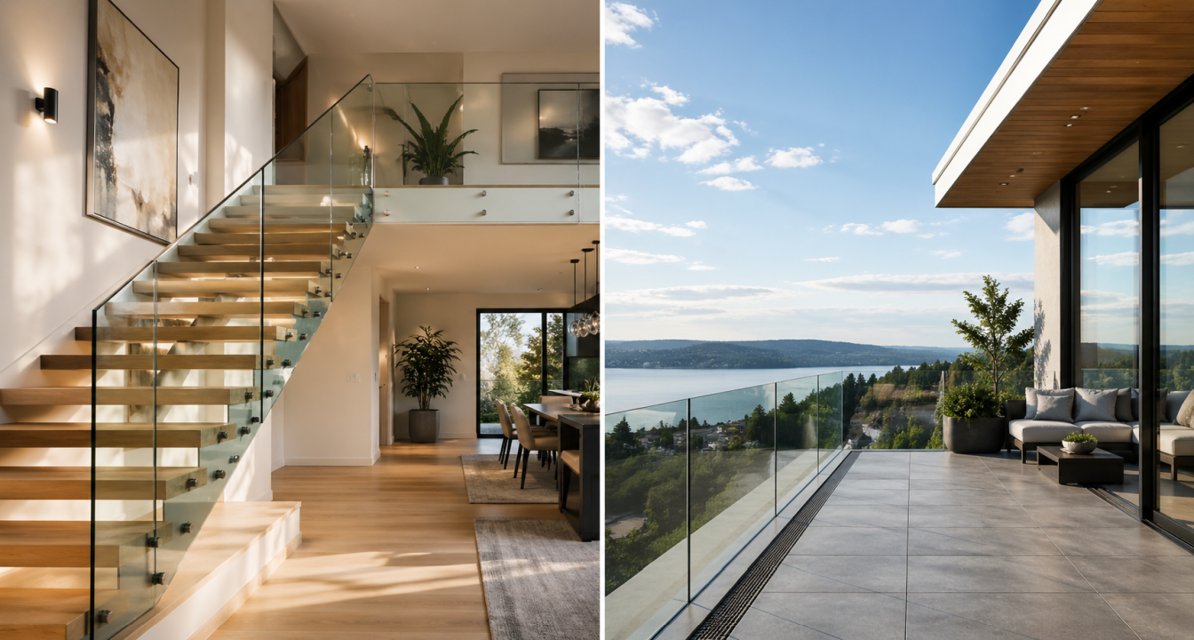 Modern beltéri üvegkorlát lépcső mellett és kültéri üvegkorlát teraszon panorámás kilátással