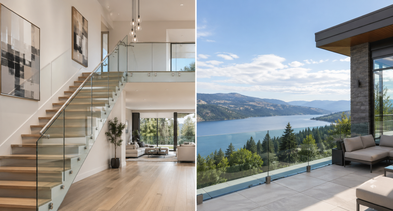 Beltéri lépcső melletti üvegkorlát és kültéri terasz üvegkorlát modern környezetben