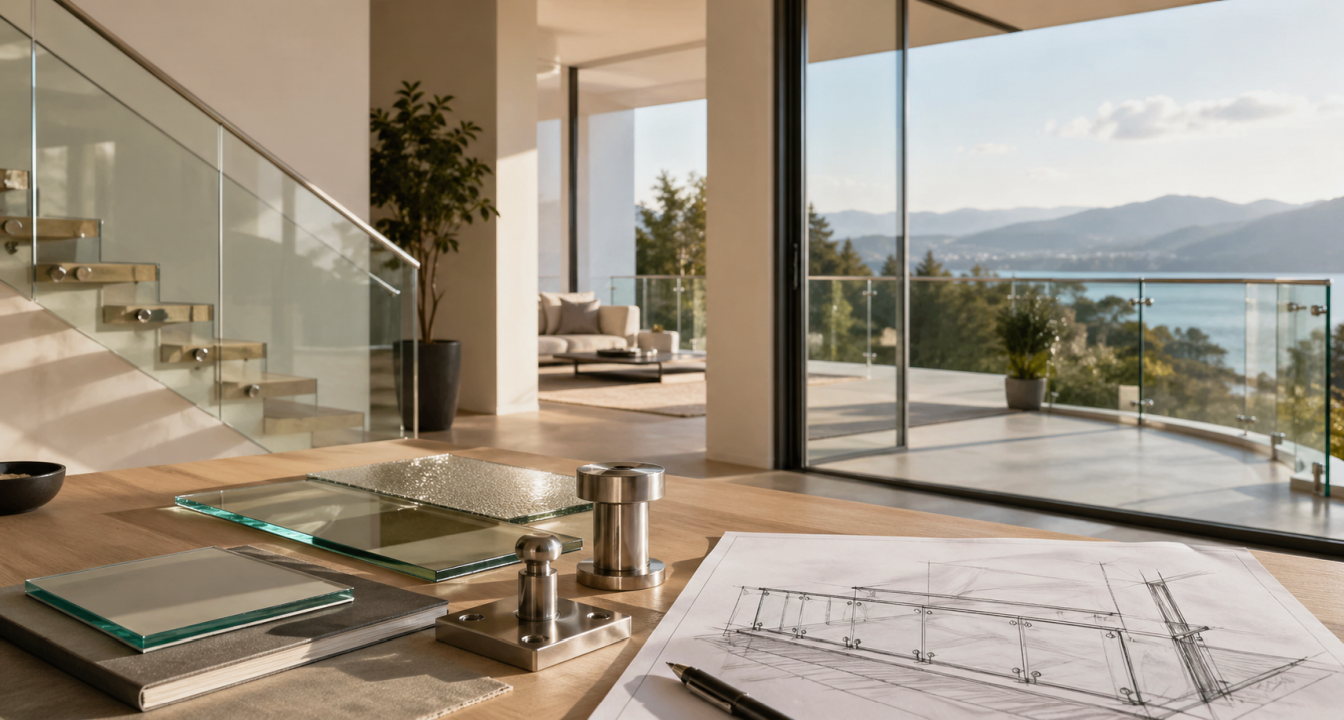 Üvegkorlát tervezési részletek üvegmintákkal, szerelvényekkel és beltéri-kültéri felhasználási környezetben